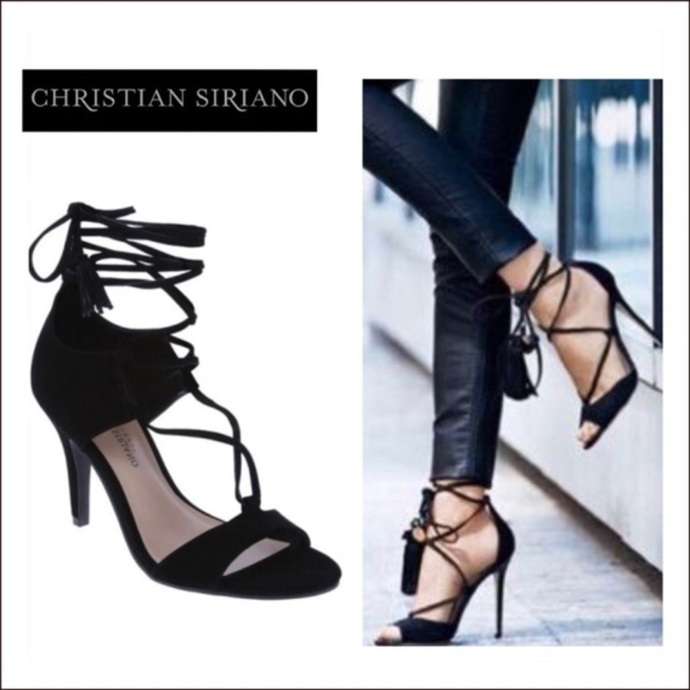 NWOT Black Suede Lace Up Open Toe Heels